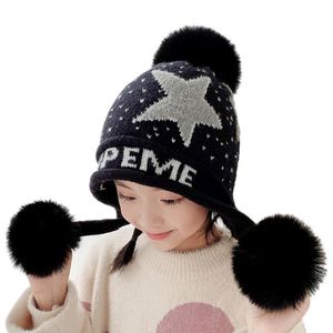 Fashion Accessories Winter Kids Hat Mask Set Knitted Warm Fleece Outdoor Hat Pompom for Girl Boy Child Face