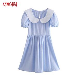 Tangada Summer Women French Style Peter Pan Collar Patchwork Sukienka Puff Krótki Rękaw Panie Mini Dress Vestidos 2W164 210609