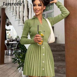 Janrobe осень вязаная рубашка топы мини-плиссированные юбки костюм женские длинные рукава платье два частя наборы дамы элегантный наряд 2111119