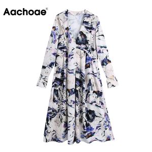 Casual Print Pleated Flare Long Sleeve Loose Midi Dress V Neck Boho Beach Dresses For Women Spring Autumn Vestidos 210413