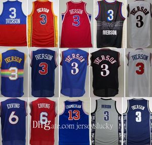 Georgetown Hoyas College Allen Iverson 3 Dr. J Julius Erving 6 Wilt Chamberlain 13 Blau Schwarz Weiß Rot Basketball Herren Trikots