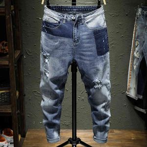 Klasyczne męskie skinny stretch spodnie denimowe umyte światło niebieskie z rozerwane otwory Patch spodnie Slim Joggers Dżinsy Homme