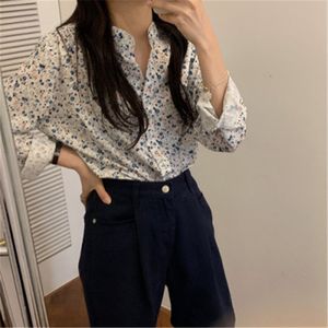 Vit All Match Loose Office Lady High Street Women Tops Vintage Romantic Floral Långärmade T-shirts 210421