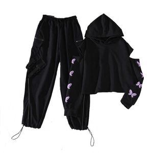 Wiosna Kobiet Streetwear Cargo Spodnie Luźne Wysokie Talia Jogger 2 Sztuka Hollow Out Pullover Długi Rękaw 210531