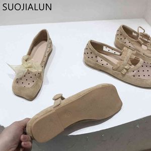 SUOJIALUN 2021 Herbst Frauen Flache Ferse Schuhe Mode Welle punkt Mesh Karree Slip Auf Loafers Casual Damen Ballett Schuhe mujer K78