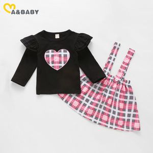 6M-4Y Valentine's Day Infant Baby Toddler Kid Girl Clothes Set Ruffels Heart T Shirts Pink Color Plaid Skirts Outfit 210515