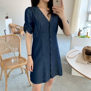 Плюс размер летних девочек Бохо вечеринка кнопка женское винтажное платье рубашки Олид синий с коротким рукавом женские платья халат Vestido 210417