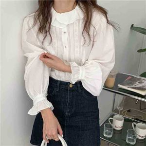 Eleganz Retro Rüschen Büro Dame Feste Spitze Patchwork Süße Mädchen Shirts Femme Casual Tops Kleiden 210525