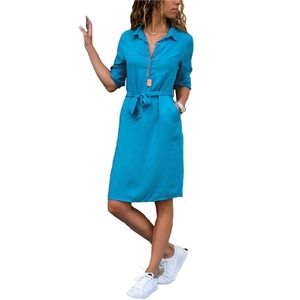 ファッションターンダウンカラーオフィスレディースシャツのドレス女性3四半期袖秋のドレスプラスサイズカジュアルなVestidosルーズローブ210730