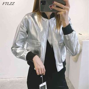 Höstkvinnor Kort silver PU Faux Läderjacka O-Neck Zipper Långärmad Motorcykel Biker Slim Coat Outwear 210430