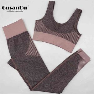 2Pcs Yoga Set Women's Seamless Workout Sportswear Sports Clothing Gym Suit Lounge Wear Fitness Crop Top High Waist Leggings 210802