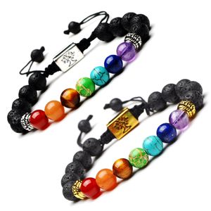 Yoga Strands Handmade 7 Chakra Drzewo Życia Urok Zroszony Bransoletki Lawa Kamienie Koraliki Liny Czarny Wulkaniczny Kamień Bransoletka Kobiety Mężczyźni