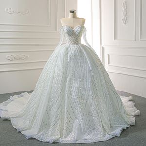 Elegantes weißes Hochzeitskleid, schulterfrei, lange Ärmel, Rücken, Schnürung, Brautkleider, Perlen, glänzende Pailletten, Robe de Mariee