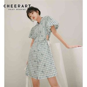 Green Plaid Button Up Shirt Dress Women Summer Sailor Collar Puff Sleeve Hollow Out Tunic Mini Moon Print 210427