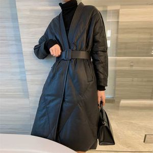 Siyah Deri Kadın Ceket Kış Sıcak Uzun Boy Kadın İnce Pamuk Ceket 3XL Giyim 211008