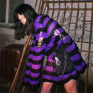Gotico Punk Hole Stripe Tshirt Donna Pastel Goth Fairy Grunge Top Harajuku Camicia oversize Estetica scura Plus Size Emo Abbigliamento Donna T-S