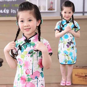 Chinese New Year Baby Girls Dress Ink Wash Painting Lotus Kids Traditional Qipao Children Cheongsam Linen Girl Clothes Vestidos 210413