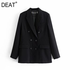 [DEAT] Black Long Sleeve Single-breasted V-neck Loose Simple Blazer Coat Women Autumn Spring Fashion 13C236 210527