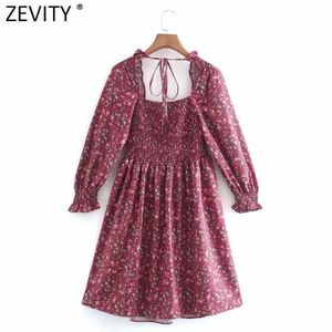 Zevidade Mulheres Vintage Elastic Square Collar Floral Cópia Casual Mini Dress Senhoras Chic Backless Ruffles Vestido DS4669 210603