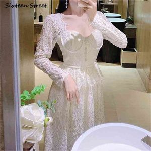 Beading Woman Dress Summer Design High Waist Vestido Kvinna V-Neck Show Slim Gentle White Lace Maxi Es Clothing 210603