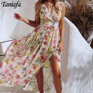 Robes décontractées femmes robe d'été 2021 Boho plage fleur florale longue sans manches en vrac femme vacances Sexy Midi fente