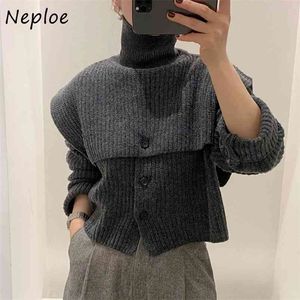 Solid Color Chic 2 Piece Set O-Neck All-Match Single Breasted Cardigans Kvinnor + Avtagbar Turtleneck Stickade Capes Suit 210422