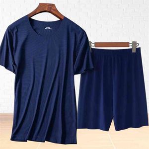 Os conjuntos masculinos de manga curta shorts pijamas verão gelo seda sleepwear rosqueado sem costura de manga curta t-shirt homem casual roupas casas 210812