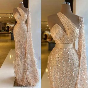 Sparkly Sexy Mermaid Prom Dresses Ostrich Feather One Shoulder Beading Sequined Long Sleeve Pageant Evening Gown 2022 Elegant de Gala
