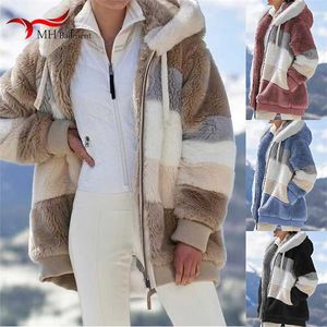 S-5XL Damenjacke Winter Casual Warm Plüsch Lose Kapuzenjacke Retro Weicher Reißverschluss Faux Pelzmantel Tasche Langarm Frauen 211109