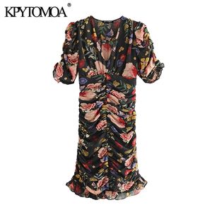 Kvinnor Chic Fashion Floral Print Draped Mini Dress Kortärmad Ruffled Kvinna Klänningar Vestidos Mujer 210420