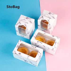 STOBAG 10 PCS Caixa de Papel de Cupcake de Mármore Com Janela Cookie Bolo Decoração Suprimentos Portáteis Caixas de Presentes De Natal Para Favores De Partido 210602