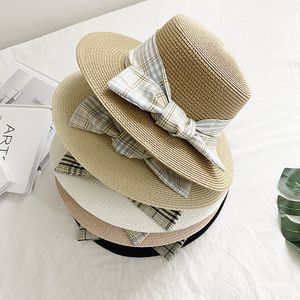 Women Plaid Bowknot Straw Hat Outdoor Sun Protection Flat Cap Summer Beach Vacation Casual Caps Foldable Wide Brim Hats