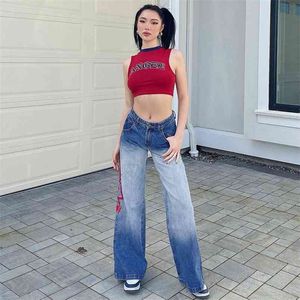 Gradient Flame Printed Straight Y2K Jeans For Girls Fashion Casual Women's Vintage Denim Pants High Waist Trouser Female 210510