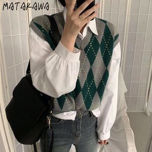 Matakawa japońska moda kamizelka retro diament dzianina sweter kamizelka koreańska ins jesień v-neck argyle sklokaty kamizelka 210513