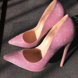 Dress Shoes Pink Glitter Pumps Women High Stiletto Heel Pointed Toe Wedding Bride Low-cut Thin Heels Party