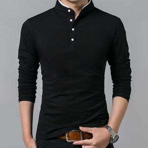 Långärmad T-shirts för män Mandarin Collar Cotton Tops Male Casual Solid Svart Tees Full Sleeve Tshirt Retro Kläder 4XL 210601