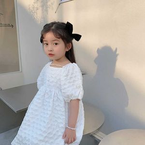 Girls Angels And Demon Summer Dress Pearl Square Collar Short Puff Sleeve Fashion Dresses Kids Solid Beach Princess vestidos Q0716