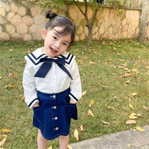 Japanese style girls sailor collar bowknot shirts cotton Tie long sleeve shirt kids clothes 210708