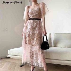 Sequined Brodery Pink Dresses Women Short-Sleeve Slim High Waist Vestidos Lady Kläder Elegant Vintage Party Woman 210603