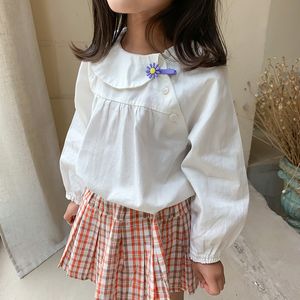 Korean style girls fashion all-match Tilt collar white long-sleeved doll blouses pure cotton casual Tops 210508