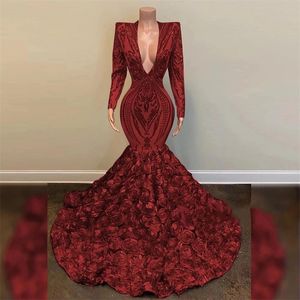 Chic Burgundia Mermaid Prom Dresses 3D Rose Flower Appliqued Sexy V Neck Długi rękaw Suknia Wieczorowa 2021 Sweep Pociąg