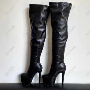 Olomm feita à mão feminino Botas de inverno Botas grossas plataforma grossa Sexy tingueira salto alto redondo dedo dedo sapatos de festa preta e tamanho 5-20