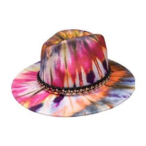 Breite Krempe Hüte Mode Tie Dye Fedora Jazz Hut Frauen Flache Panama mit Gürtelwolle fühlte farbenfroh für Männer Großhandel