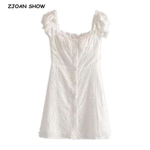 Vintage France style White 3D Embroidery Flower Women Dress Holiday Wood ears Ruffles Short Sleeve Tea Dresses 210429