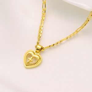 Collana con ciondolo a forma di croce a forma di cuore, collana italiana a maglie Figaro, in oro giallo massiccio 18 carati, GF 24