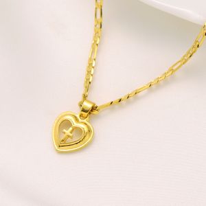 Heart Cross Pendant Italian Figaro Link Kedja Halsband 18K Solid Gul Guld GF 24 