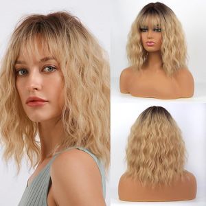 Synthetic Wigs Medium Length Ombre Golden Blonde Water Wave With Air Bangs Lolita Cosplay For White/Black Women