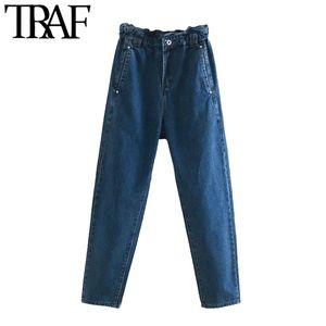 TRAF Moda Fashion Bolsos Bolos Baggy Papelbag Jeans Vintage Alta Elastic Cintura Denim Feminino Calças de Ancinho Mujer 210415