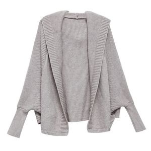 Women Short Sweater Knitted Hooded Cardigan Open Stitch Batwing Sleeve Solid Khaki Gray Black Outwear M0001 210514