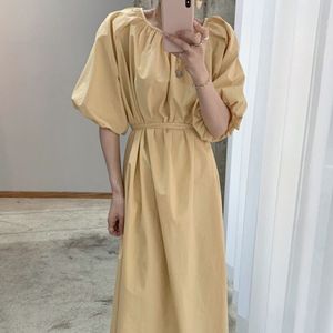 Summer o eck Pleated Tie Wide Loose Casual Ladies Robe Korean Chic Lantern Sleeve Yellow Dresses 210510